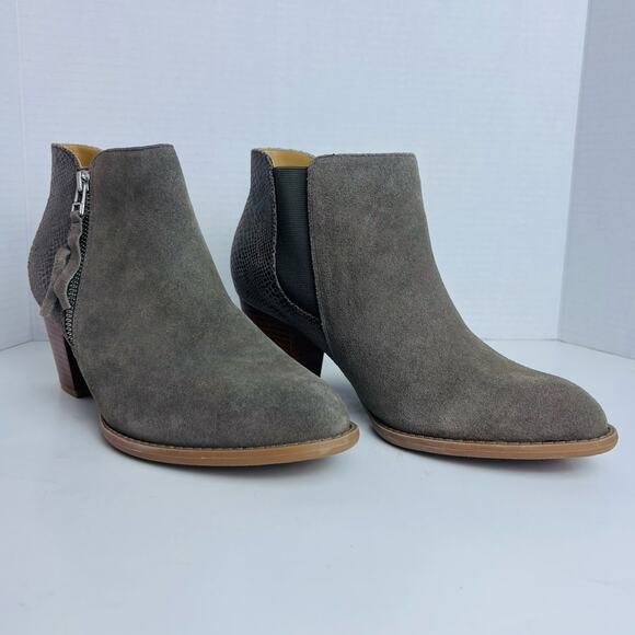 VIONIC Women's Suede Anne Ankle Bootie Greige Snake Print Side ZipSz 8.5